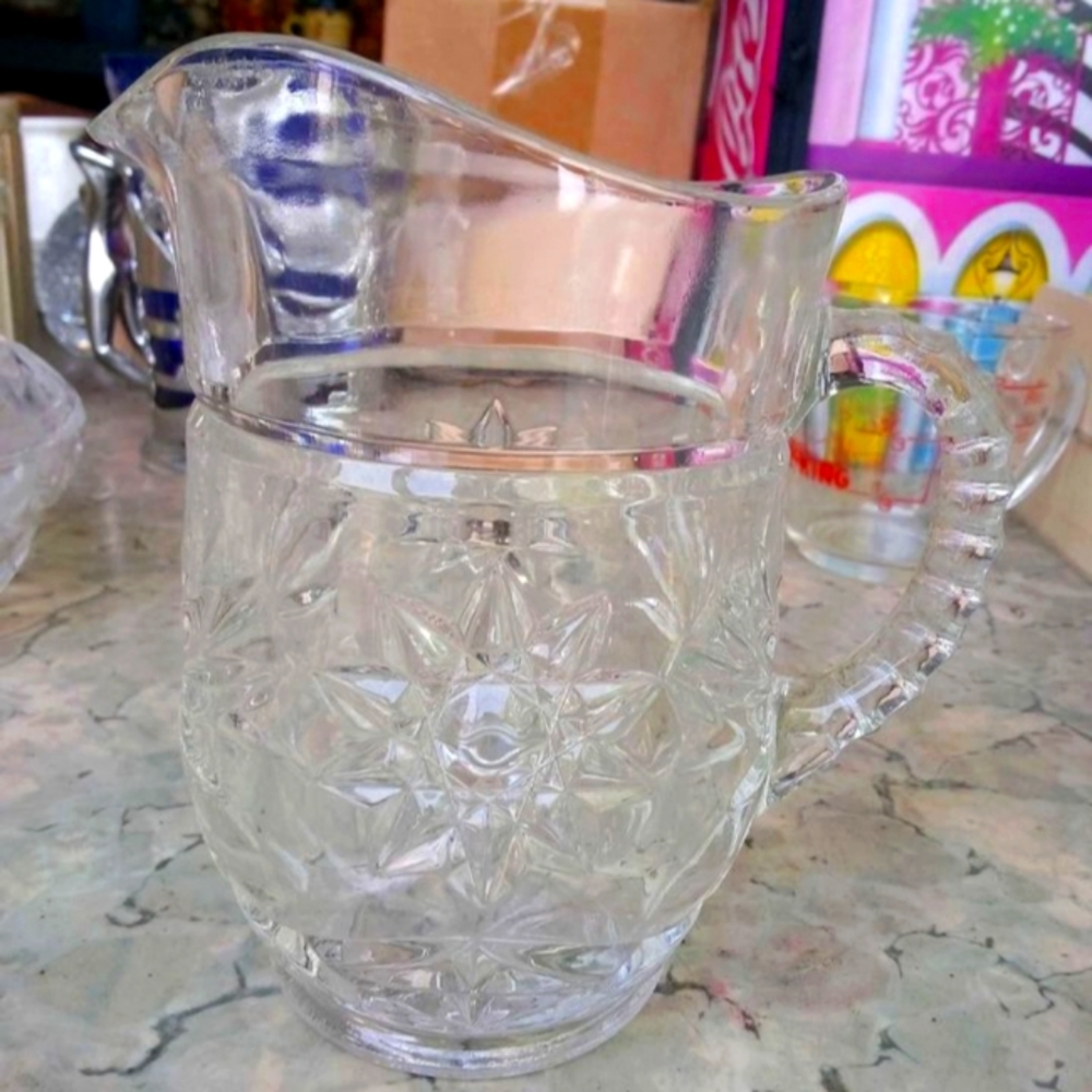 Vintage Anchor Hocking Star Dust Pattern Glass Pitcher. Used For Display Only.
